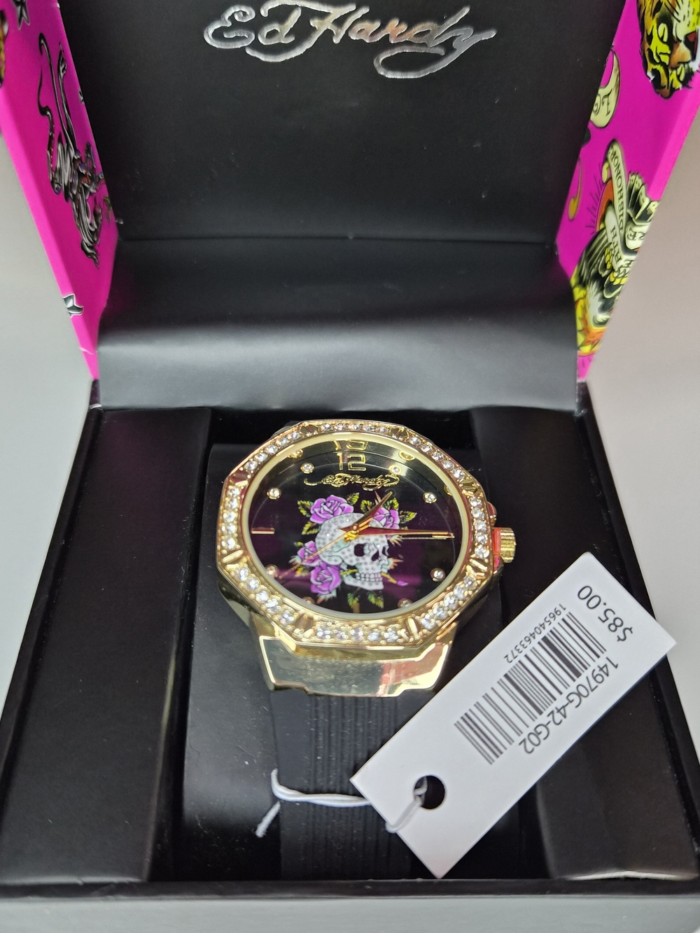NWT Ed Hardy Gold Skull & Purple Roses Watch Black Silicone Strap